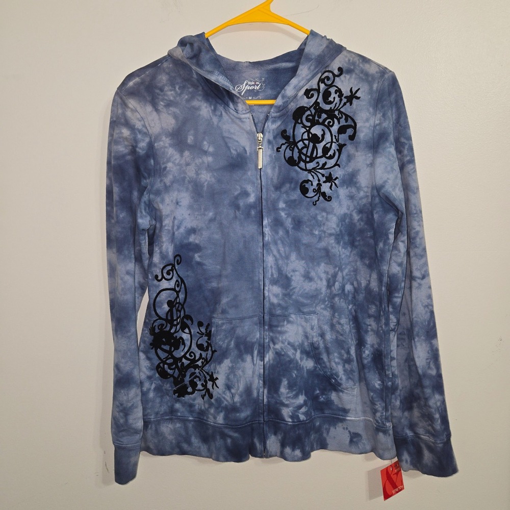 V#34 Style & Co Sport Tie Dye Full Zip Hoodie Jacket Womens Medium Blue Black